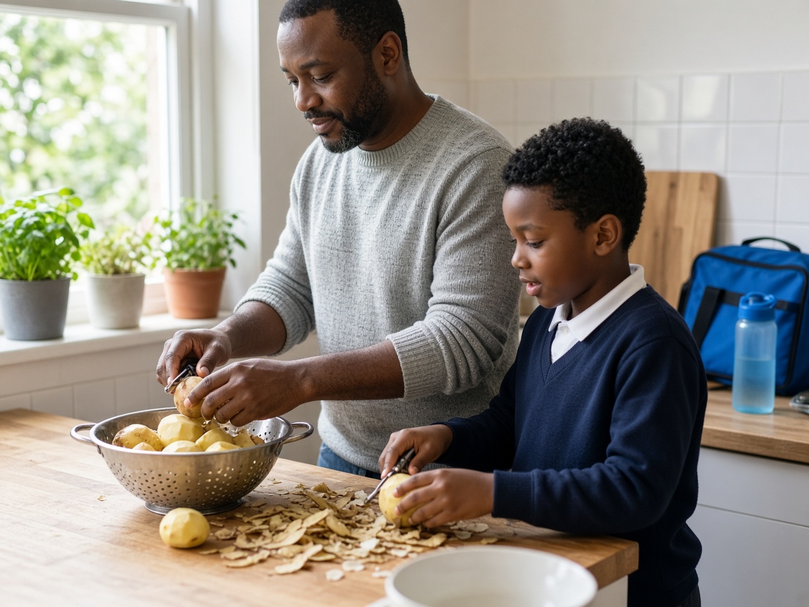 A dad and his young son in his school jumper peel potatoes side by side at a bright kitchen worktop after school, the boy talking while his dad listens