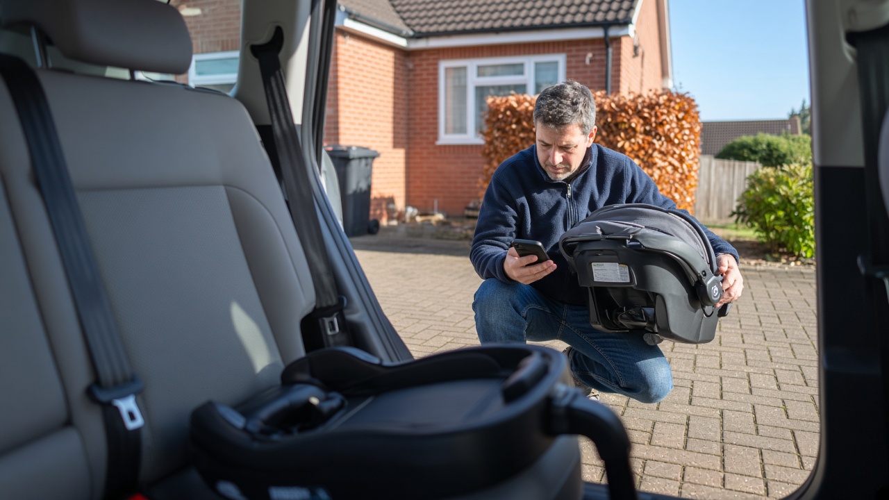 A dad kneels on a sunny driveway by the open back door of his car, turning an empty baby car seat over to read the label underneath