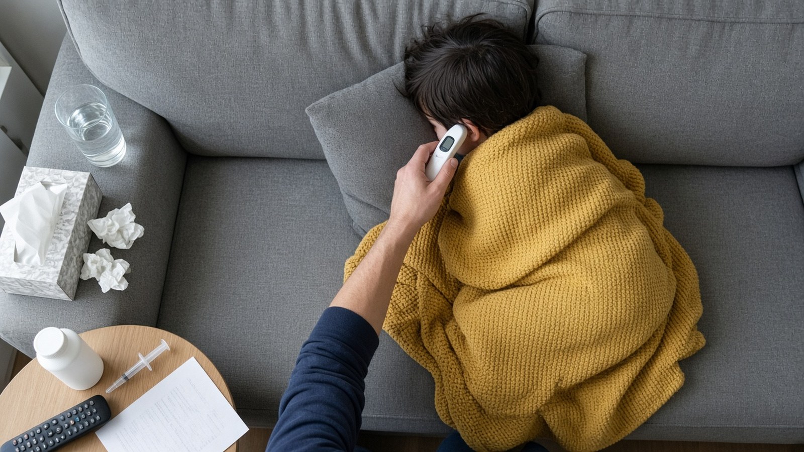 A dad checks his poorly child's temperature with an ear thermometer as the child rests under a blanket on the sofa