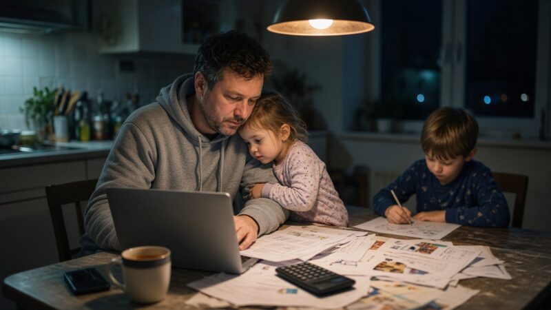 A dad works through childcare paperwork on a laptop at the kitchen table in the evening while his young daughter leans on his shoulder and his son colours beside him