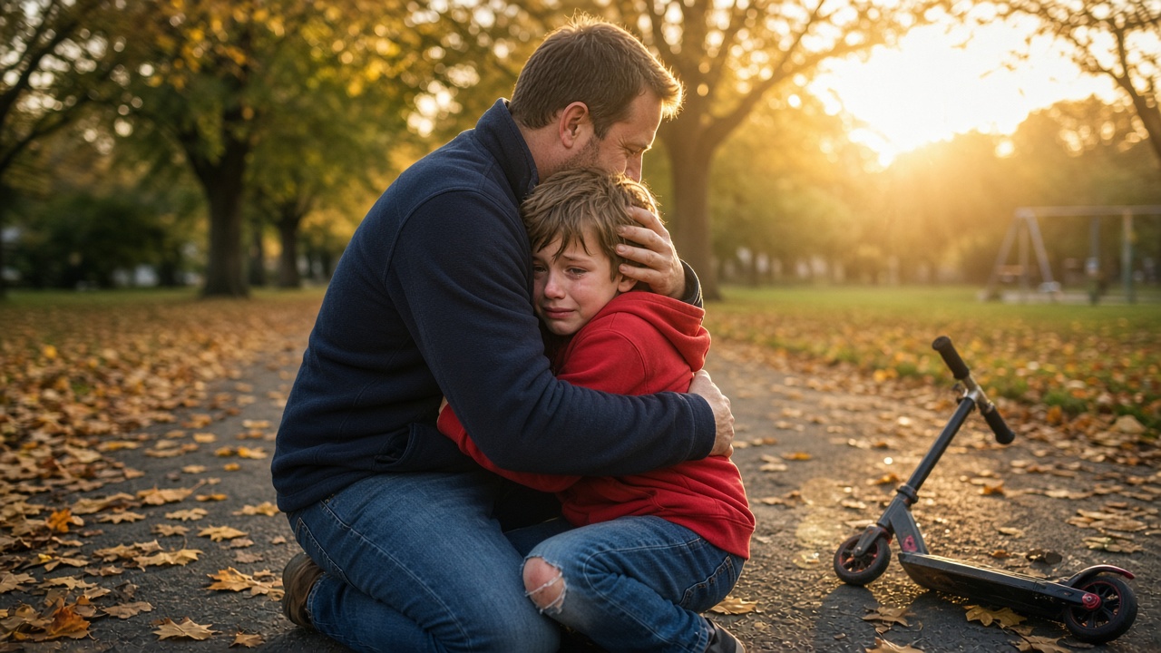 A dad kneels on a leafy park path in low autumn sunshine, hugging his tearful young son beside a fallen scooter