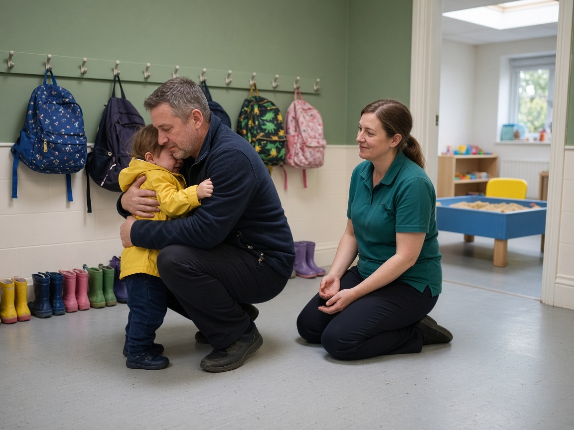 A dad crouches to give his tearful toddler a goodbye cuddle by the coat pegs at nursery, while a smiling nursery worker kneels beside them ready to help