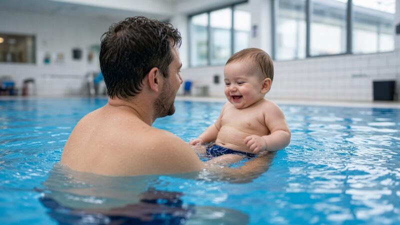 A dad stands in a leisure centre pool holding his baby safely in his arms, with no float