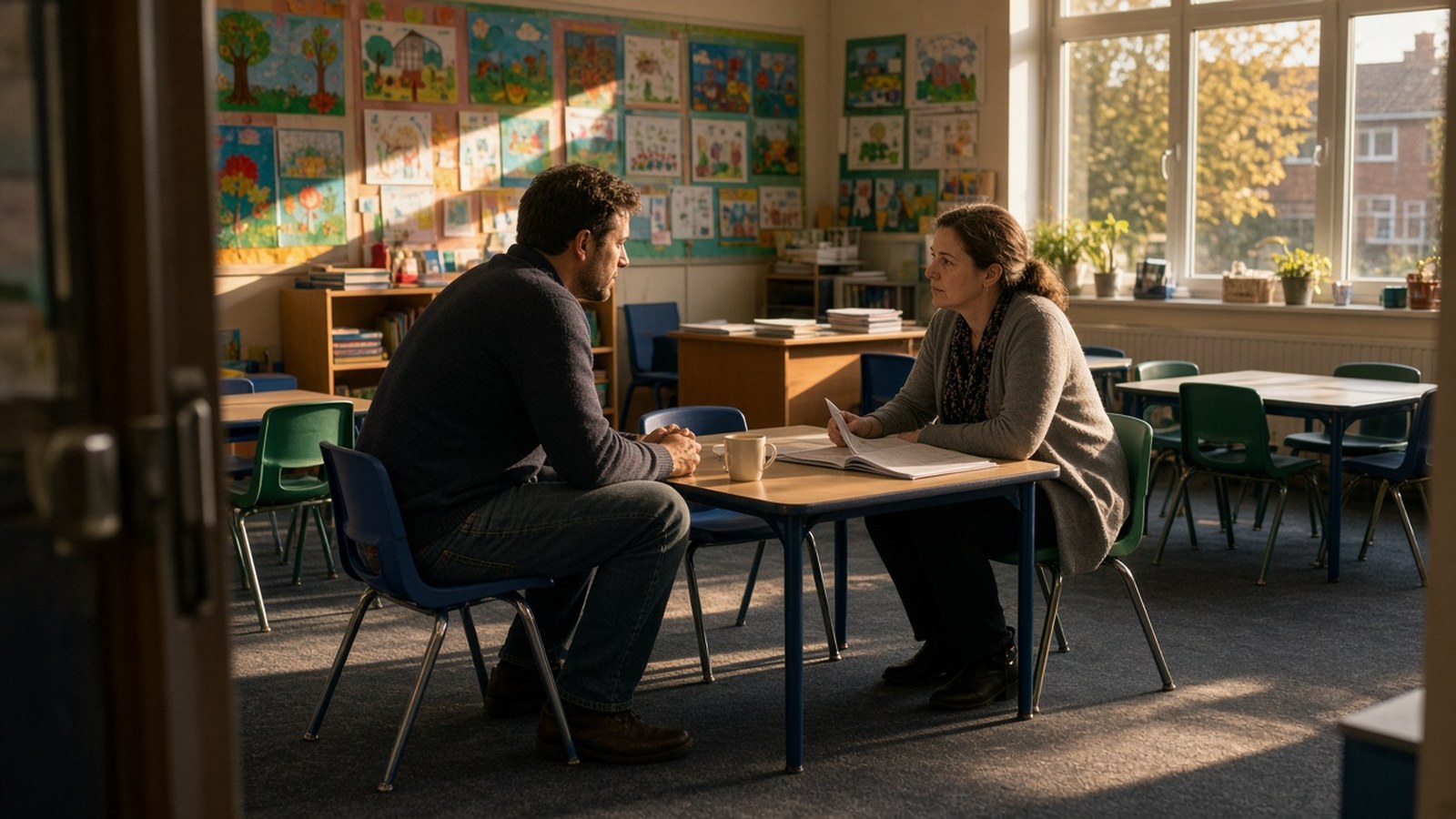 A dad sits on a small classroom chair with a folder of school reports, talking to a teacher after school