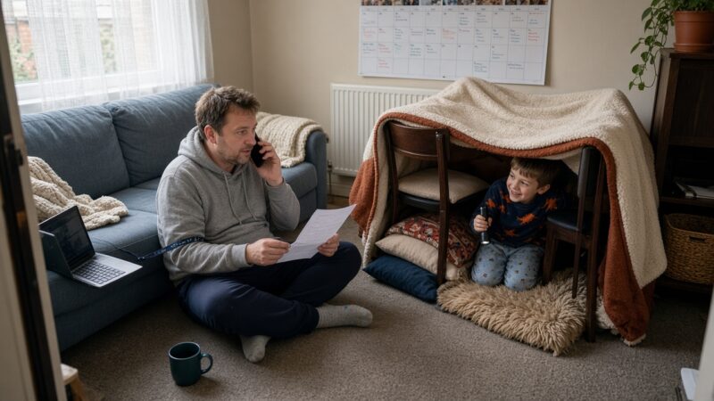 A dad on the phone sits on the living room floor beside a blanket den where his young son is peeking out, with a busy family calendar on the wall behind them