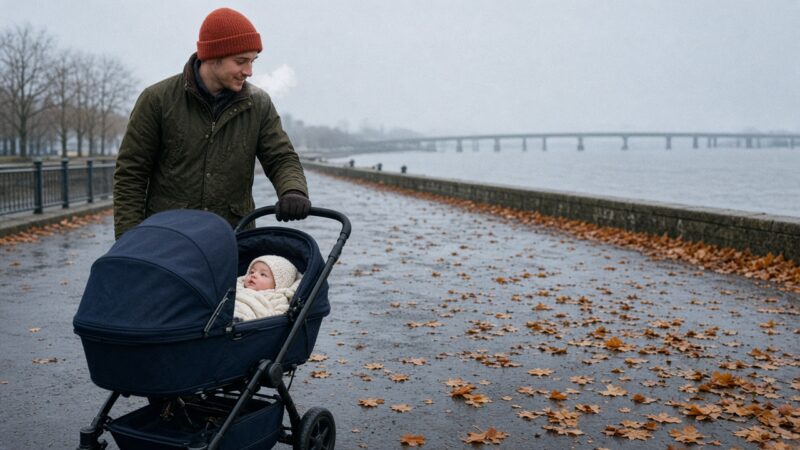 A dad in a red beanie pushes a pram with a baby in a knitted hat along a grey riverside path on a cold autumn morning