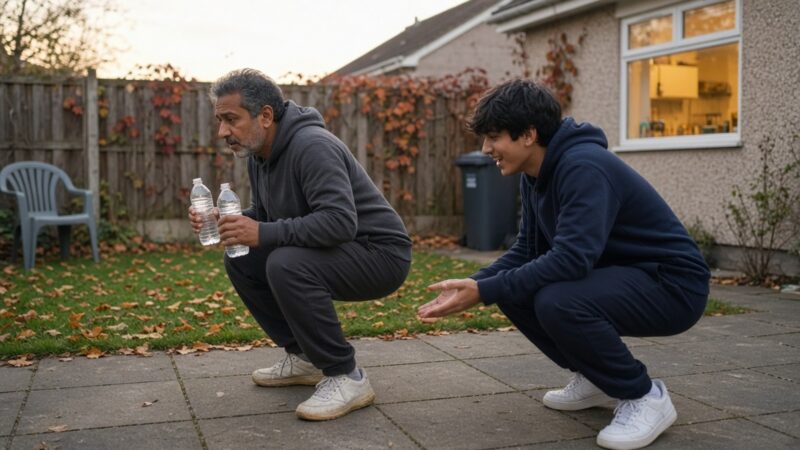 A dad in his fifties tries a squat holding two water bottles on the garden patio while his teenage son shows him how to do it