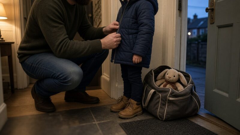 A dad crouches in the hallway zipping up his child's coat next to a packed overnight bag by the front door