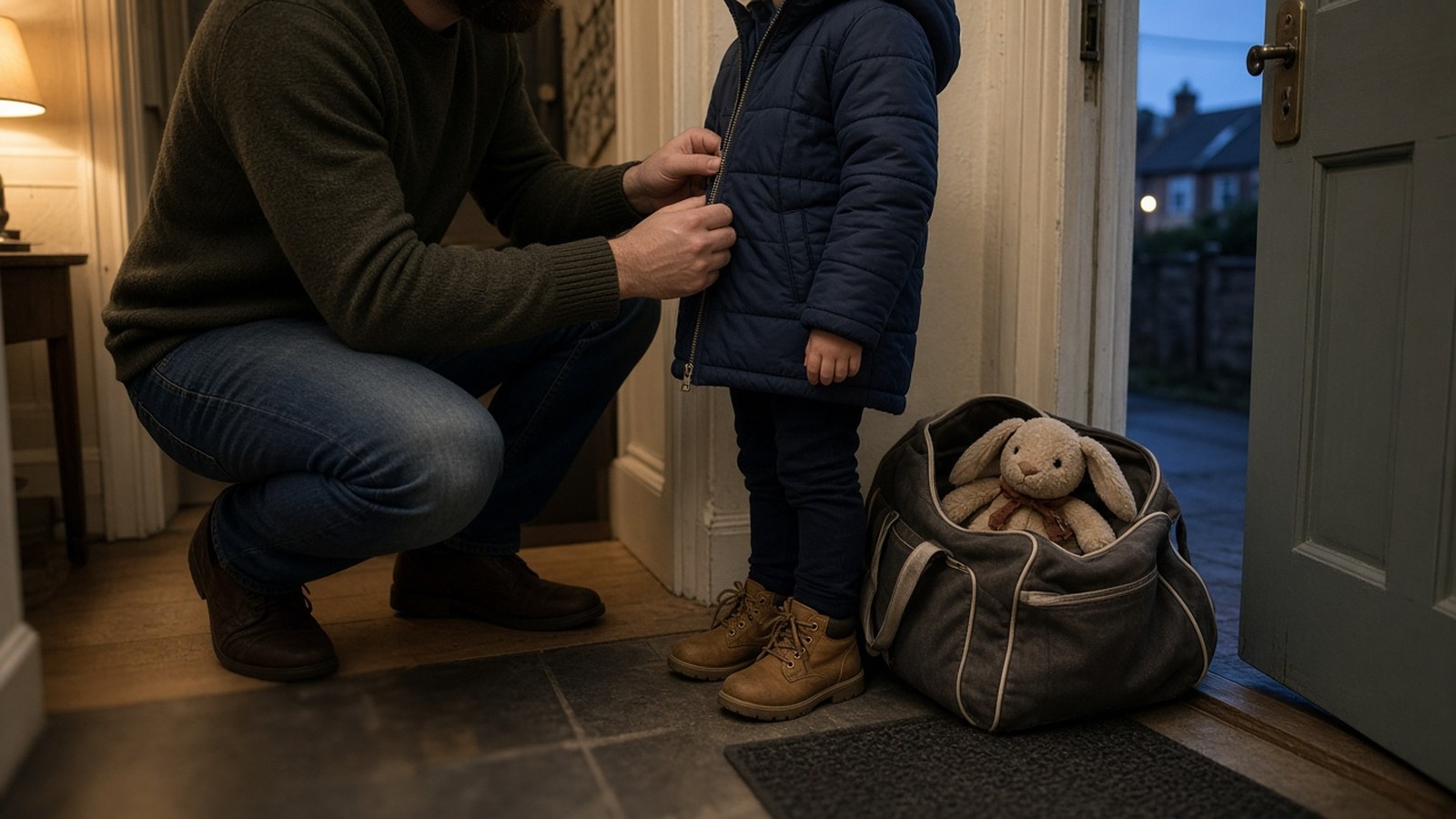 A dad crouches in the hallway zipping up his child's coat next to a packed overnight bag by the front door