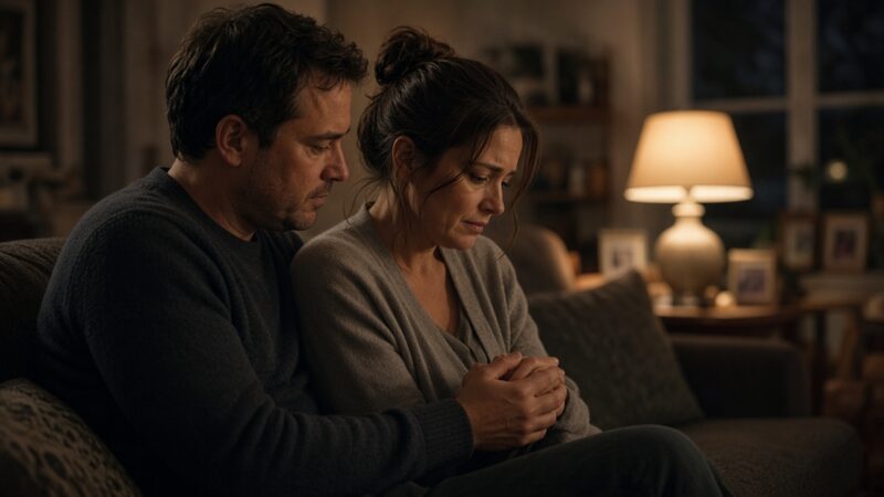 A father sits beside his worried partner on the sofa at night, holding her hands in support