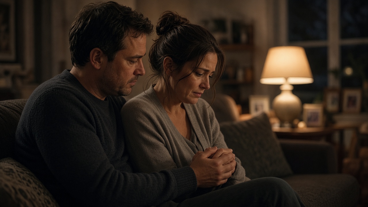 A father sits beside his worried partner on the sofa at night, holding her hands in support