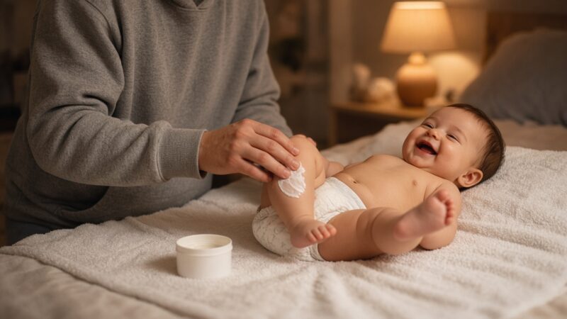 A dad smoothing cream onto his smiling baby's leg after bath time