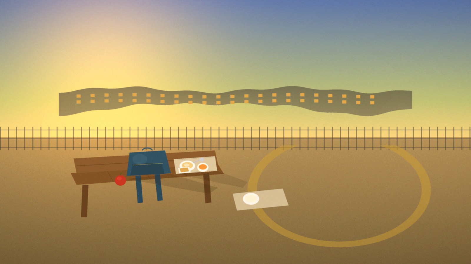 Warm golden hour photo of an empty school playground at dawn, with a child backpack and breakfast trays on a wooden bench and soft light on the school building beyond.