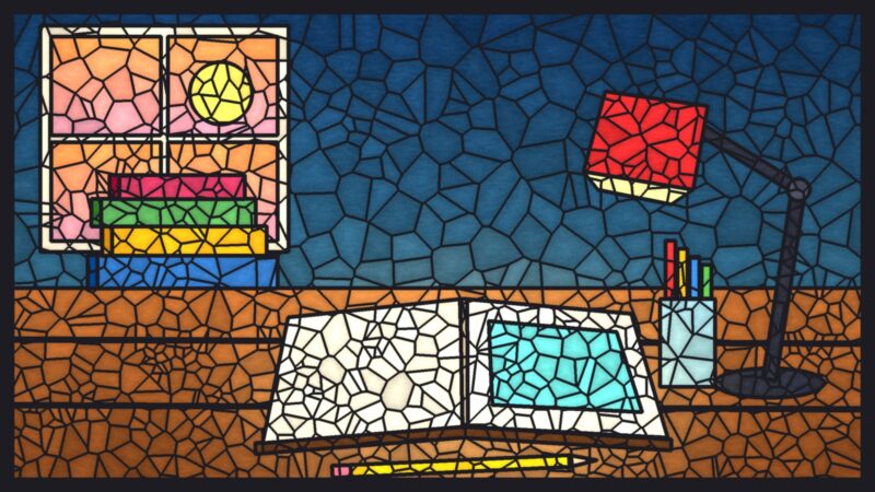 Stained glass window style picture of a homework table with an open reading book, an aqua reading overlay, a pencil, a stack of books, a desk lamp and a sunset window
