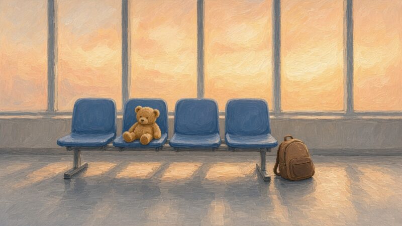 Warm gouache painting of empty airport gate seats with a soft toy on one seat and a backpack on the floor in soft afternoon window light