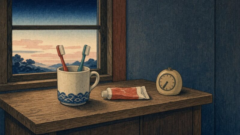 Japanese woodblock style print of a wooden bathroom shelf by a dawn window with a mug holding two toothbrushes, a squeezed toothpaste tube and a small timer