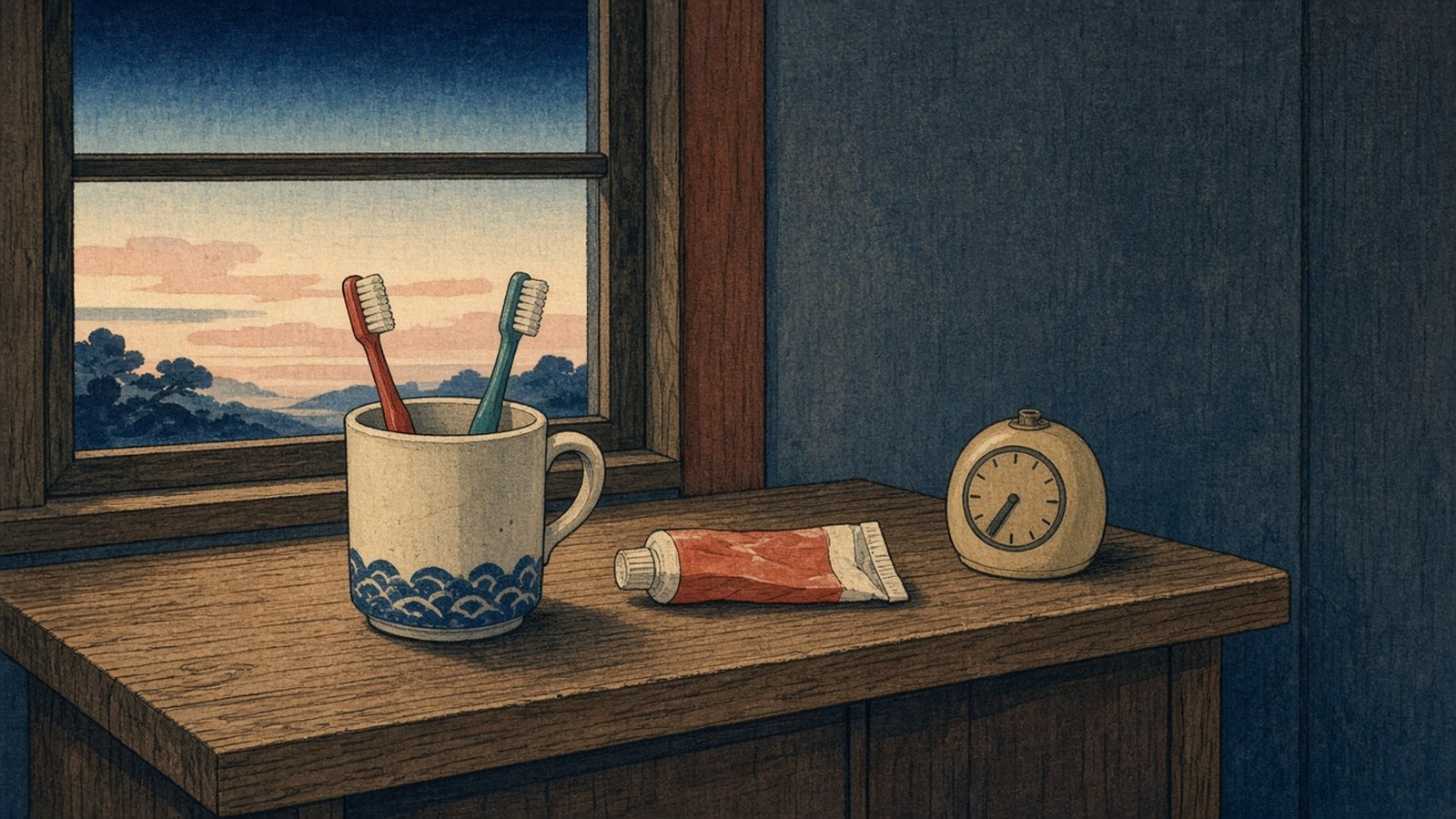 Japanese woodblock style print of a wooden bathroom shelf by a dawn window with a mug holding two toothbrushes, a squeezed toothpaste tube and a small timer