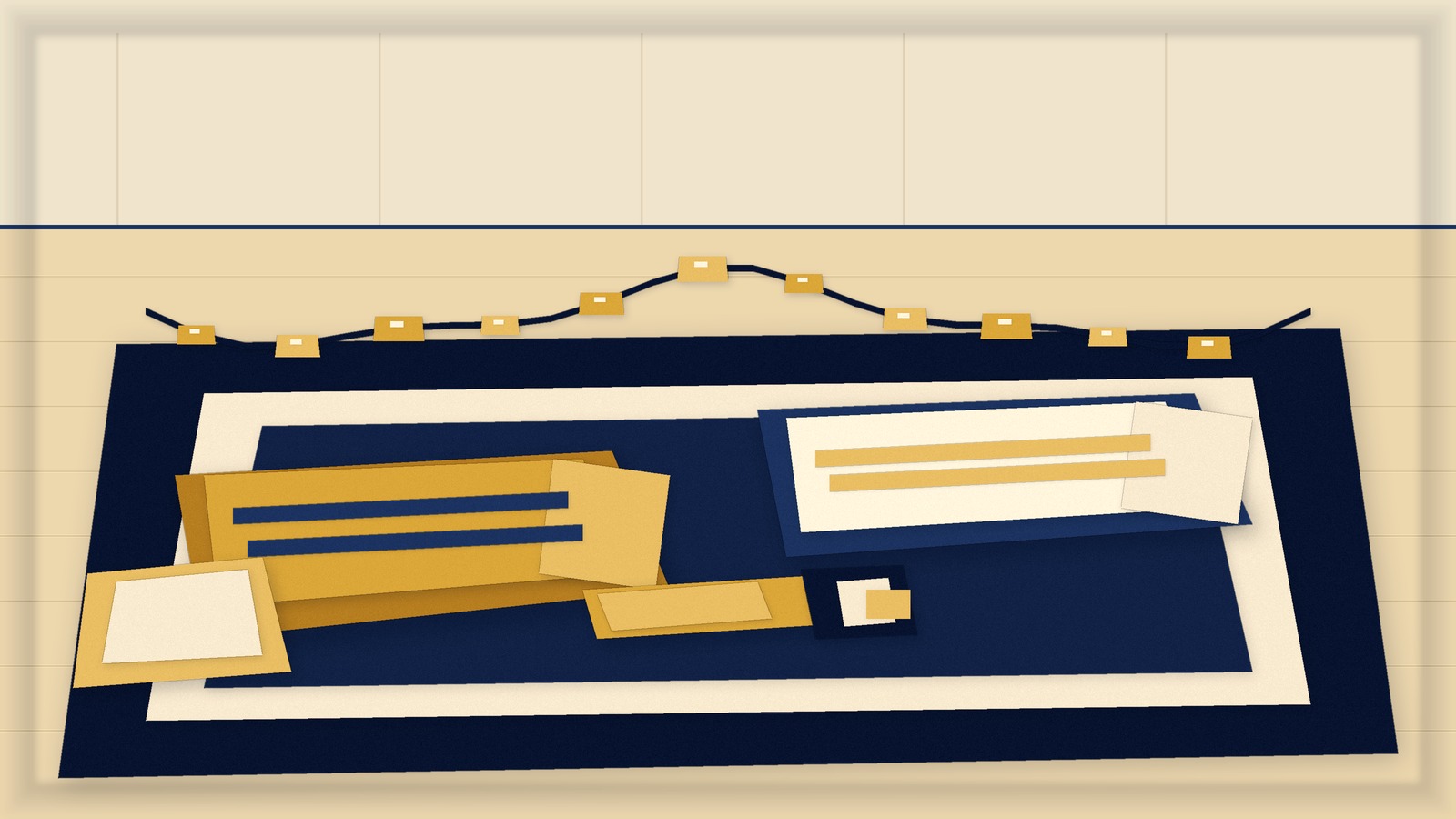 Cut paper illustration of sleeping bags and a torch on a living room floor with fairy lights