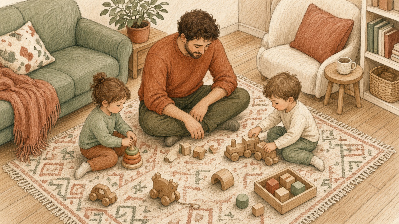 A dad sitting on the floor playing with toys with two young children in a cosy living room