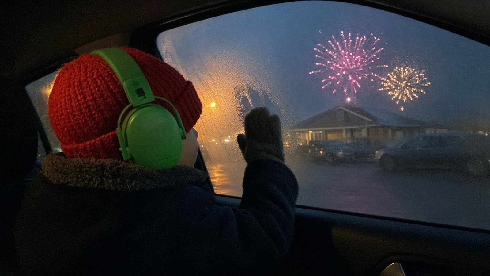 A young child wearing ear defenders and a woolly hat watches fireworks through a steamed up car window at night