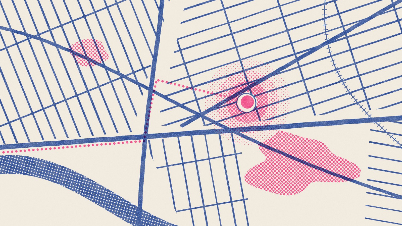 A two colour print style street map in blue with a dotted pink trail leading to a single pink location dot