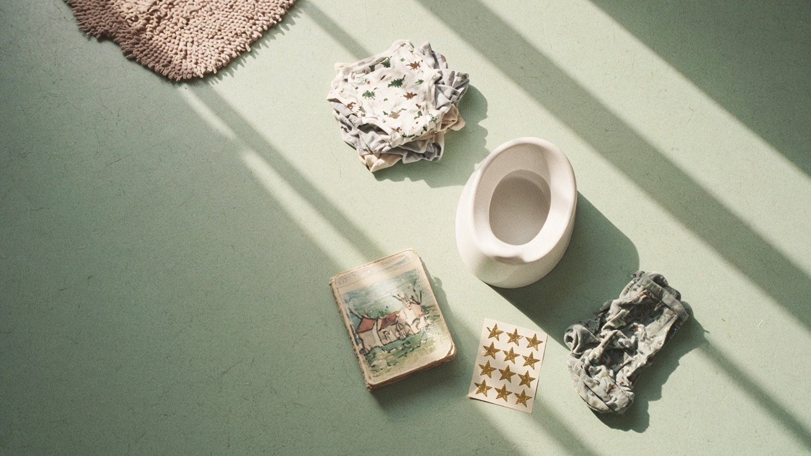 A white child's potty on a sunlit bathroom floor beside folded toddler pants, a picture book and a sheet of gold star stickers