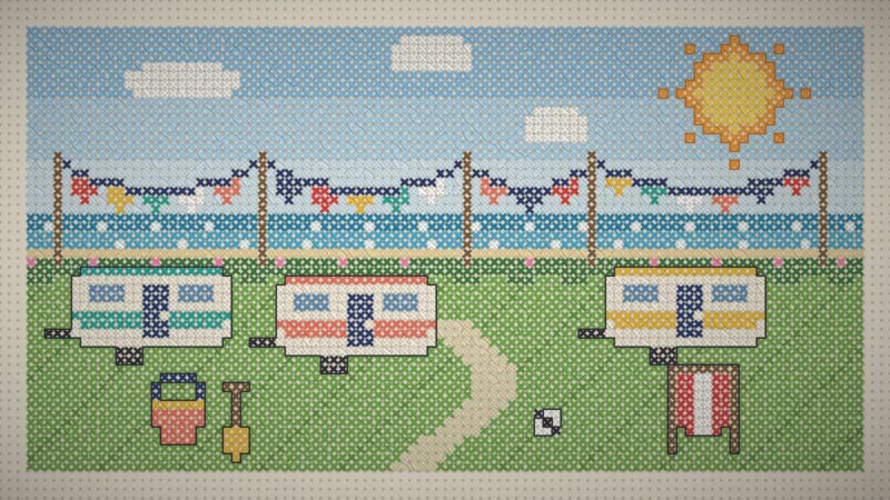 Cross stitch picture of a sunny caravan park by the sea with three striped caravans, bunting, a bucket and spade, a football and a deckchair on the grass