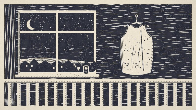 Linocut style print of a baby's bedroom at night, with a star patterned sleeping bag hanging on the wall, a window showing a crescent moon over rooftops, a small thermometer on the sill and cot bars in front