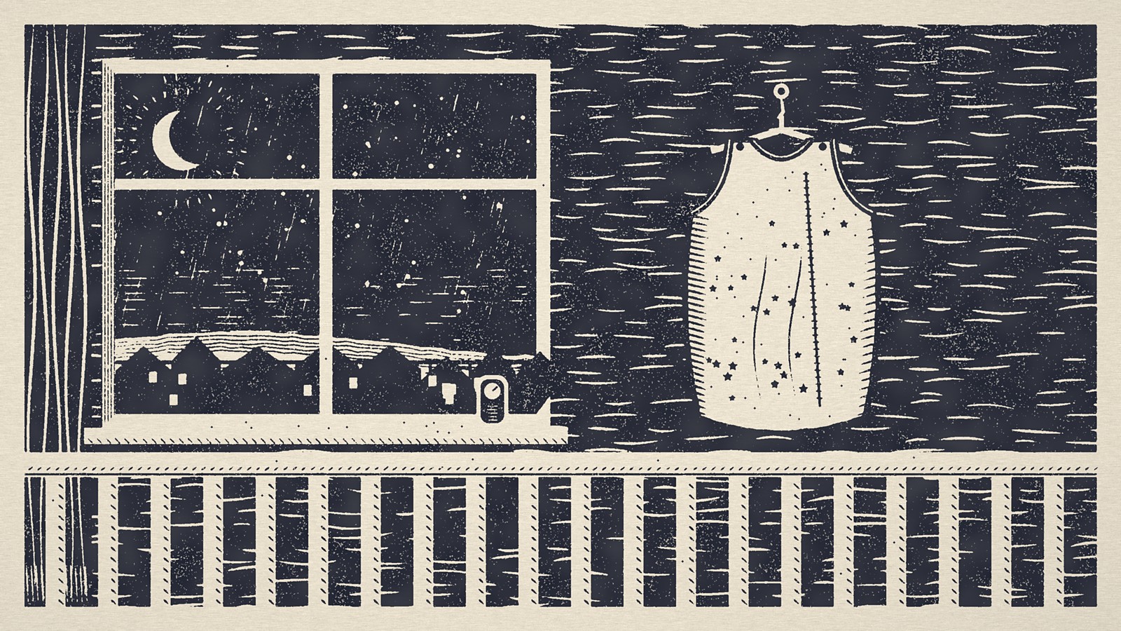Linocut style print of a baby's bedroom at night, with a star patterned sleeping bag hanging on the wall, a window showing a crescent moon over rooftops, a small thermometer on the sill and cot bars in front
