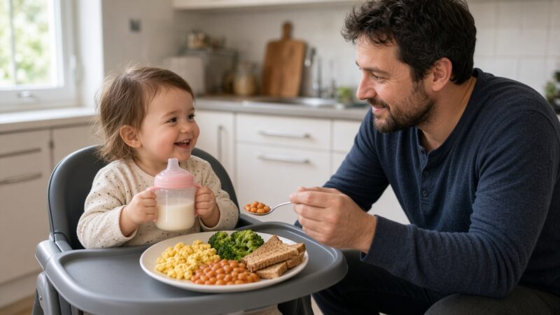 Dad feeding his toddler beans while she drinks milk from a sippy cup in a high chair