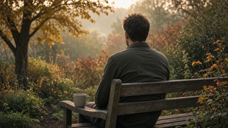 Dad sitting on a garden bench with a cup of tea on an autumn morning