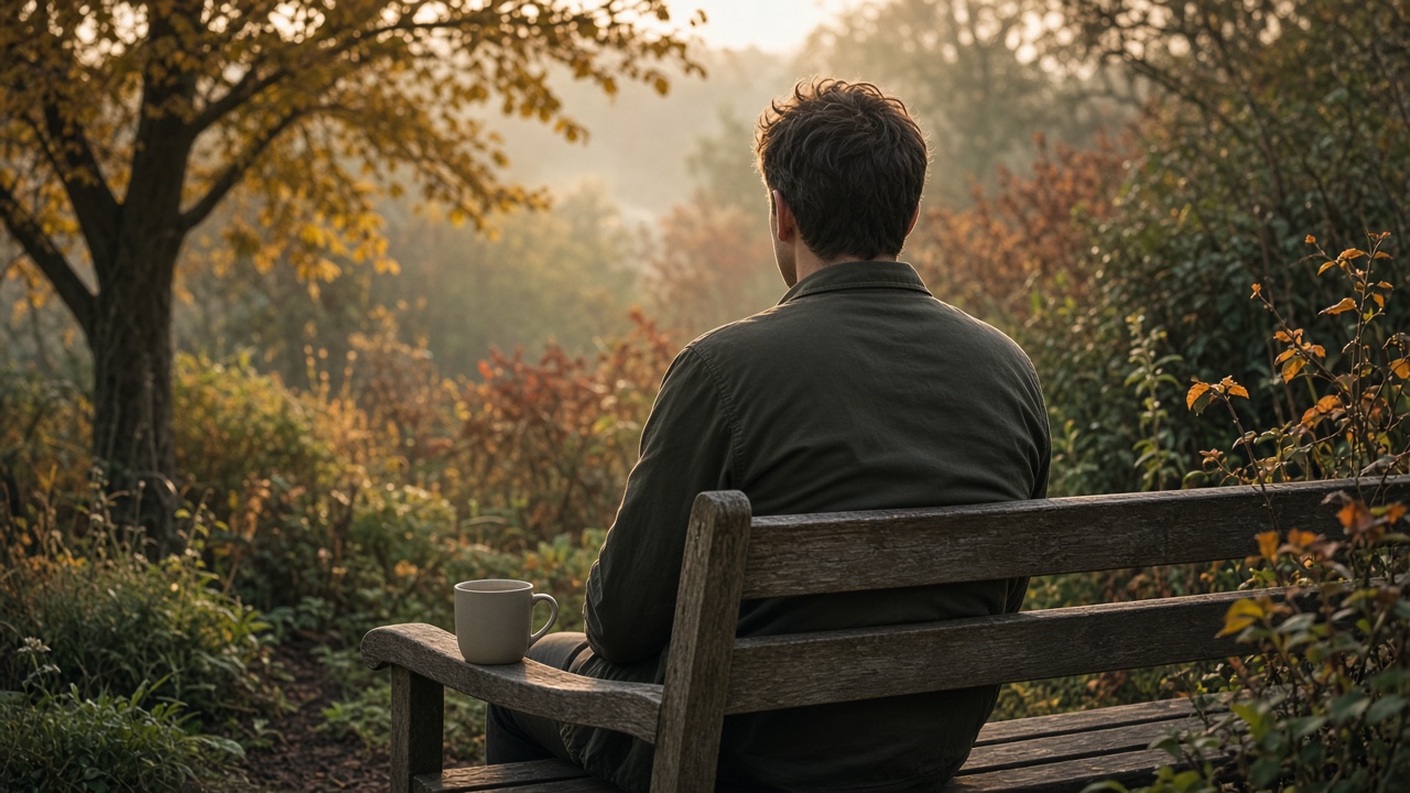 Dad sitting on a garden bench with a cup of tea on an autumn morning