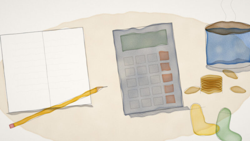 Pencil and watercolour sketch of a kitchen table with a calculator, a mug of tea, a stack of coins, a pencil on blank notepaper and a pair of tiny baby socks