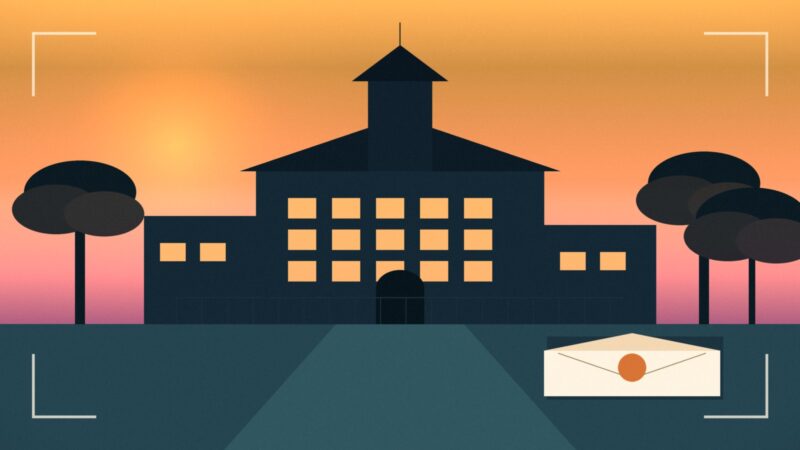 Mid century travel poster of a secondary school silhouette at sunset with glowing windows and a sealed cream envelope in the foreground