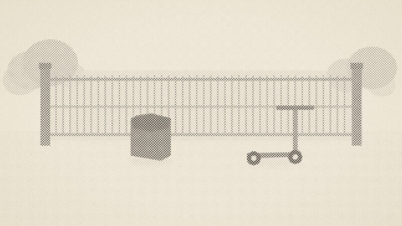 Halftone newspaper print of an empty school gate with a backpack and a kick scooter on the pavement