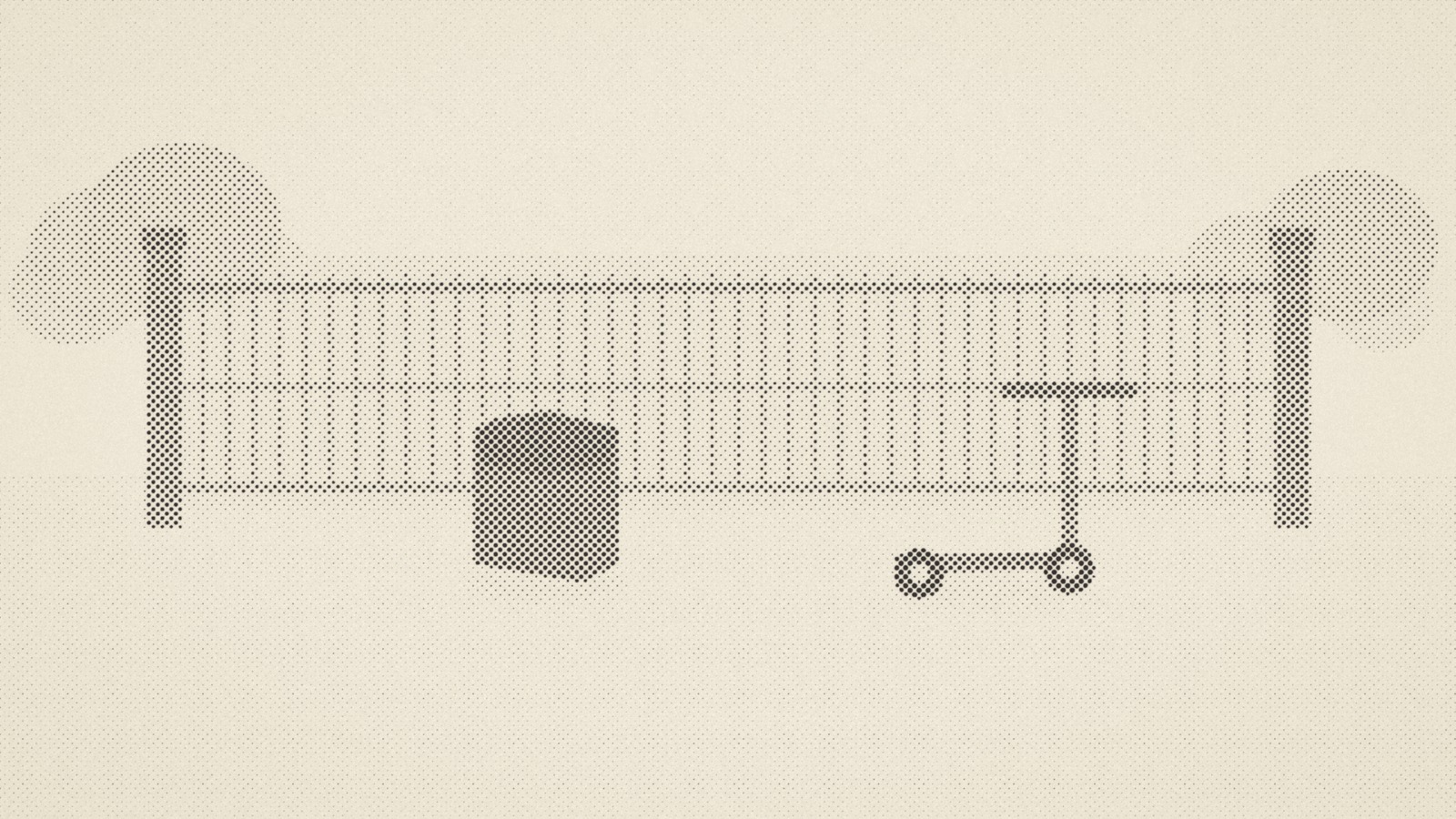 Halftone newspaper print of an empty school gate with a backpack and a kick scooter on the pavement