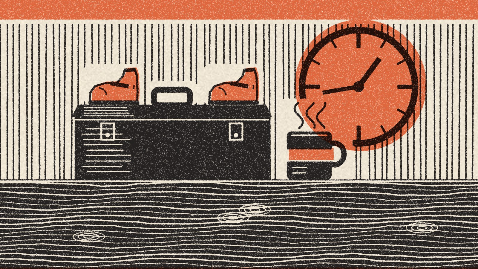 Linocut print of a black toolbox on a workbench with a pair of orange baby shoes on the lid, a steaming mug beside it and a large clock on the wall behind