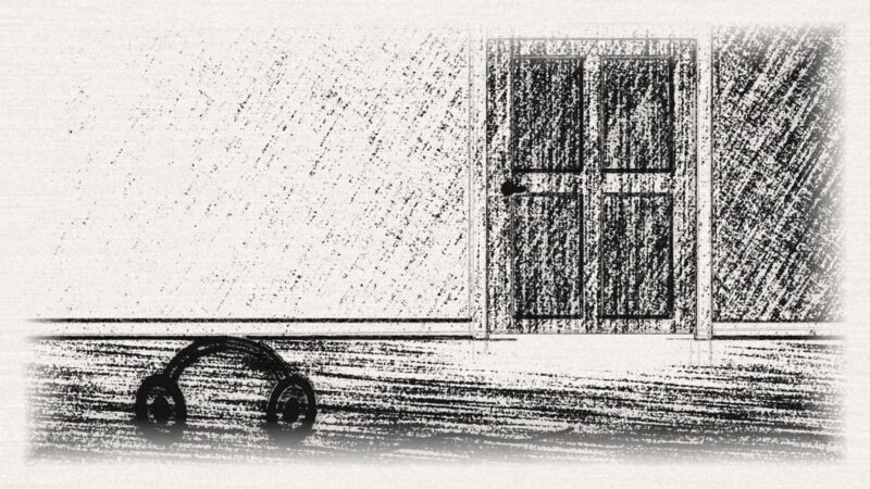 Charcoal sketch of a dark hallway with light under a closed bedroom door and headphones on the carpet