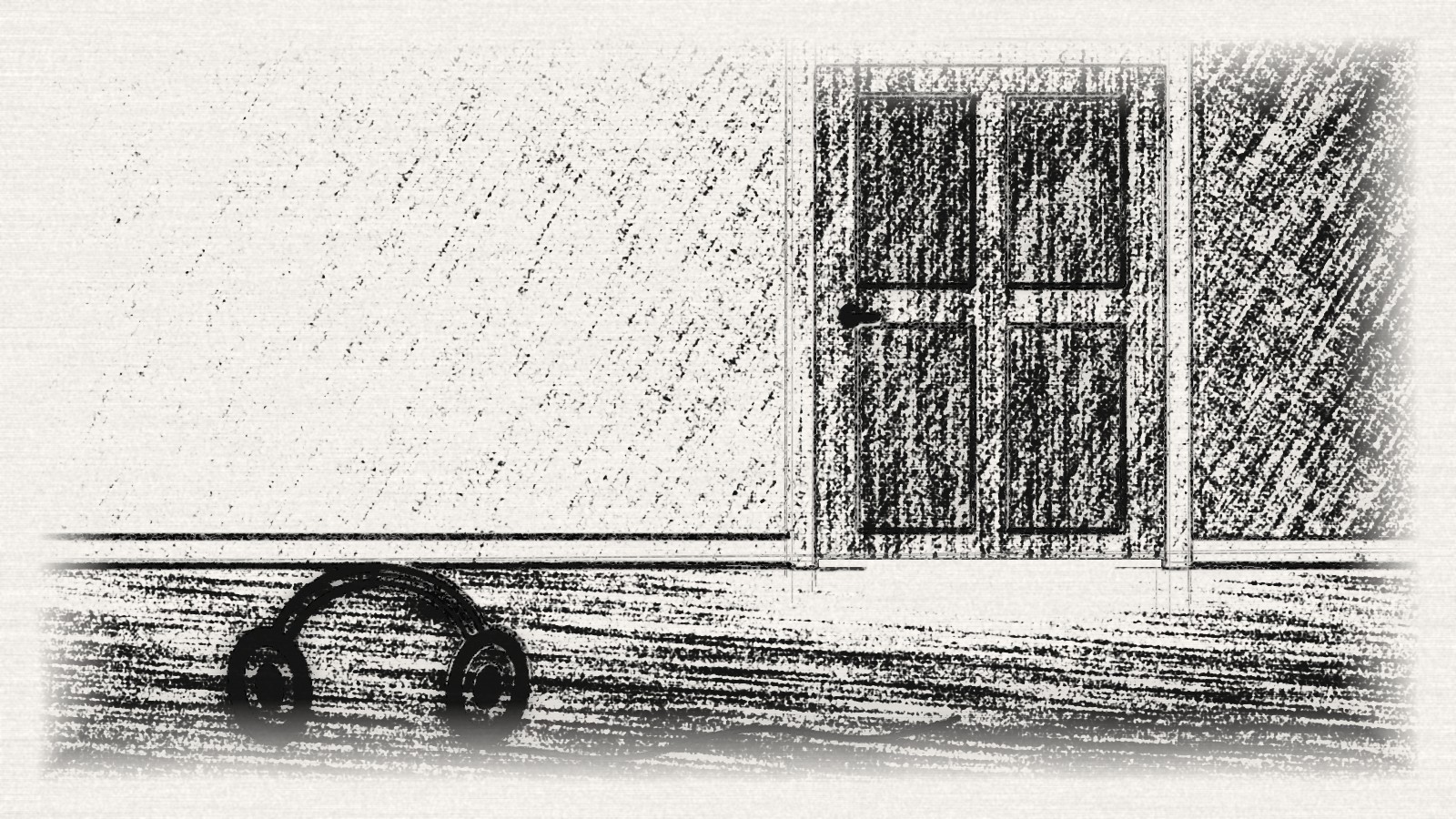 Charcoal sketch of a dark hallway with light under a closed bedroom door and headphones on the carpet